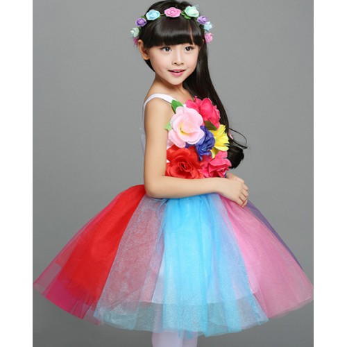 rainbow flowers Girls princess jazz dance dresses stage performance ballet singers chorus school competition dresses